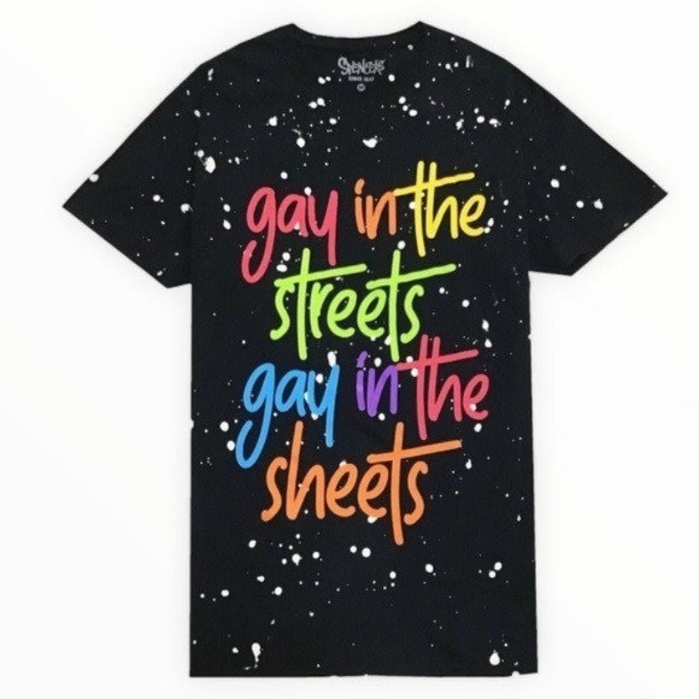 🍑Brand New SPENCER Gay Pride  G.I.T.S.  Splatter Acid Paint Black Crew Tee